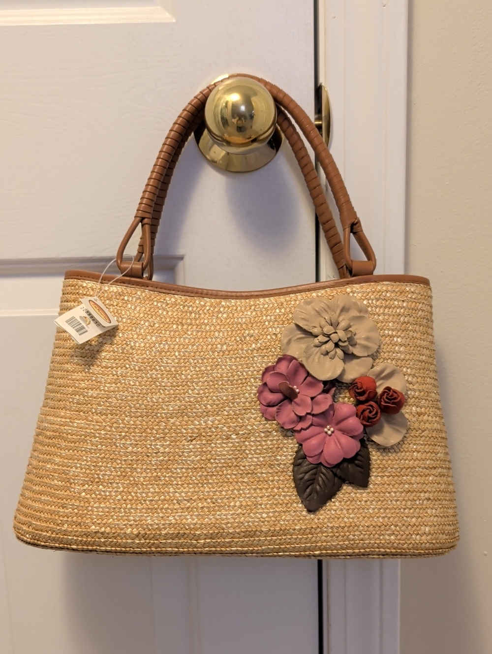 Talbots Straw Tote Bag with Floral Appliqué - Tan Brown